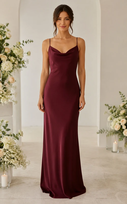 Vestido de dama de honor de satén burdeos con espalda drapeada
