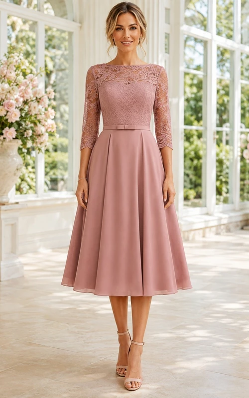 Dusty Rose Lace Jewel Neck Long Sleeve Tea-length A-Line Modest Dress