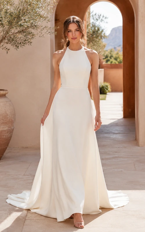 Robe de mariée trapèze dos nu à col montant pour escapade dans le désert