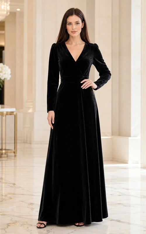 Black V Neck Long Sleeve Velvet Maxi Sheath Dress