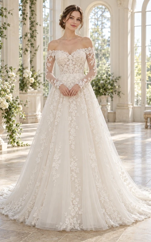 Robe de mariée en tulle fleuri à manches longues, épaules dénudées et bustier cœur, avec traîne chapelle