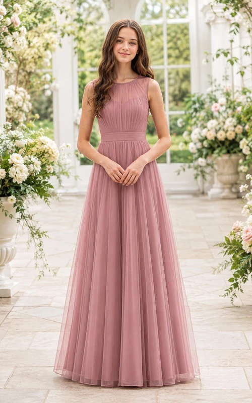 Vestido de dama de honor juvenil color rosa empolvado, corte en A, sin mangas, de malla elegante.