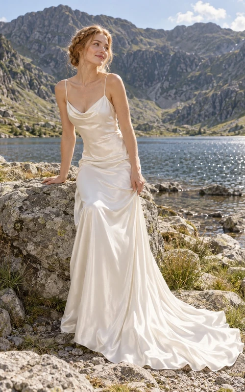 Vestido de novia romántico y sencillo de satén, estilo sirena, con escote drapeado, sin mangas, cola larga y espalda escotada.