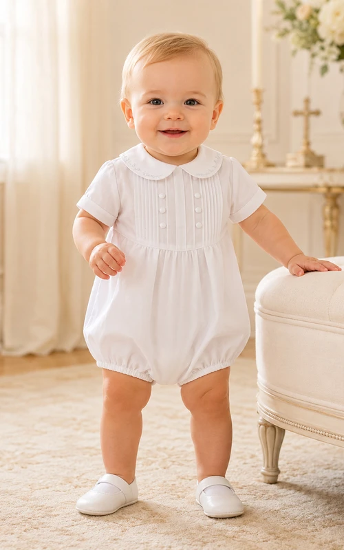 White Fine Pintuck Peter Collar Short Sleeve Blessing Bubble for Baby Boy
