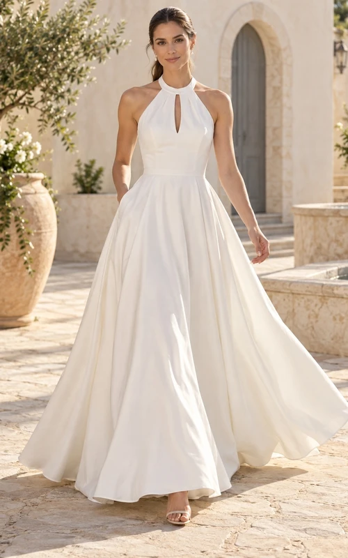 Vestido de novia sencillo de algodón plisado, largo hasta el suelo, con escote halter en forma de lágrima, sin mangas y corte en A.