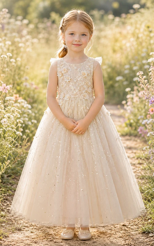 Robe de demoiselle d'honneur en dentelle champagne et tulle, robe de bal, col rond, longueur au sol