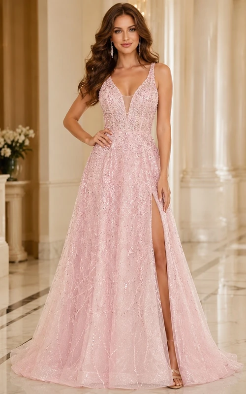 Sexy Elegant V Neck Glitter A Line Split Floor Length Formal Gown