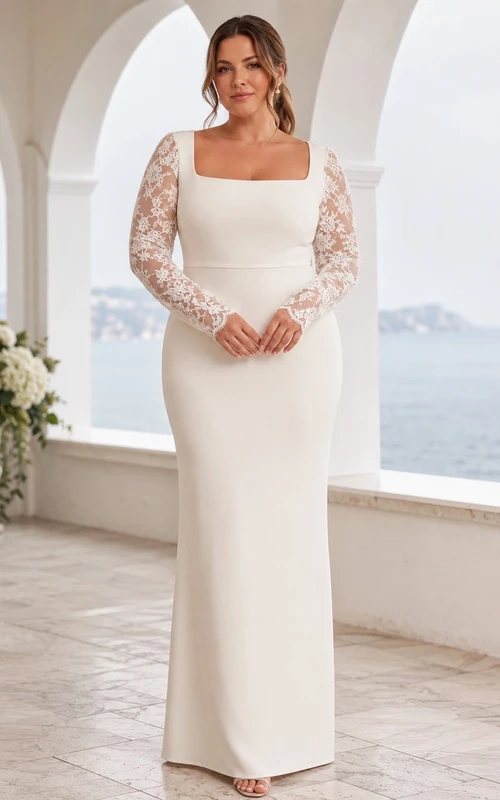 Plus Size Modest Square Neck Long Illusion Sleeve Lace Sheath Floor-Length Wedding Dress