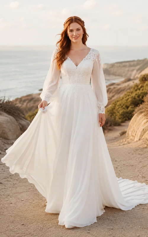 Brautkleid aus Chiffon und Spitze mit Strandmotiv, A-Linie, V-Ausschnitt, langen Ärmeln und Schleppe