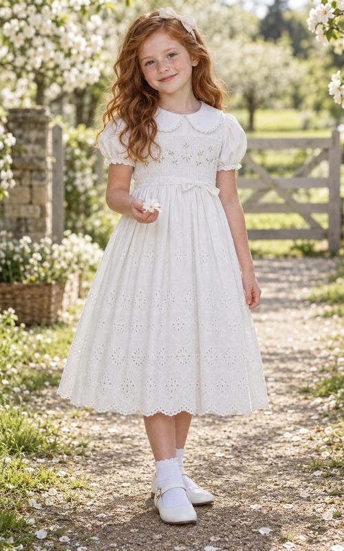 Vestido de niña de flores vintage blanco con estampado floral, corte en A, mangas abullonadas y cuello Peter Pan, hasta la rodilla.