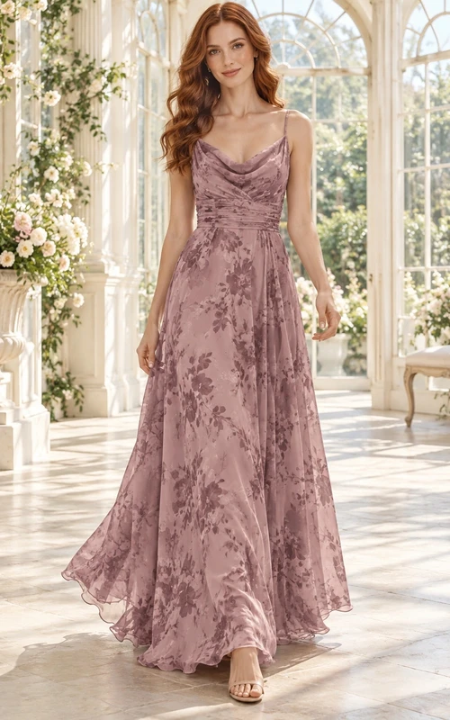 Mauvefarbenes, blumengemustertes, ärmelloses, fließendes A-Linien-Brautjungfernkleid aus Satin mit Wasserfallausschnitt und bodenlangem Schnitt.
