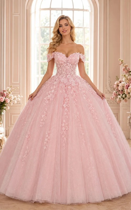 Romantisches, bodenlanges Ballkleid aus Tüll in zartem Rosa mit schulterfreiem Ausschnitt und kurzen Ärmeln für eine Quinceañera