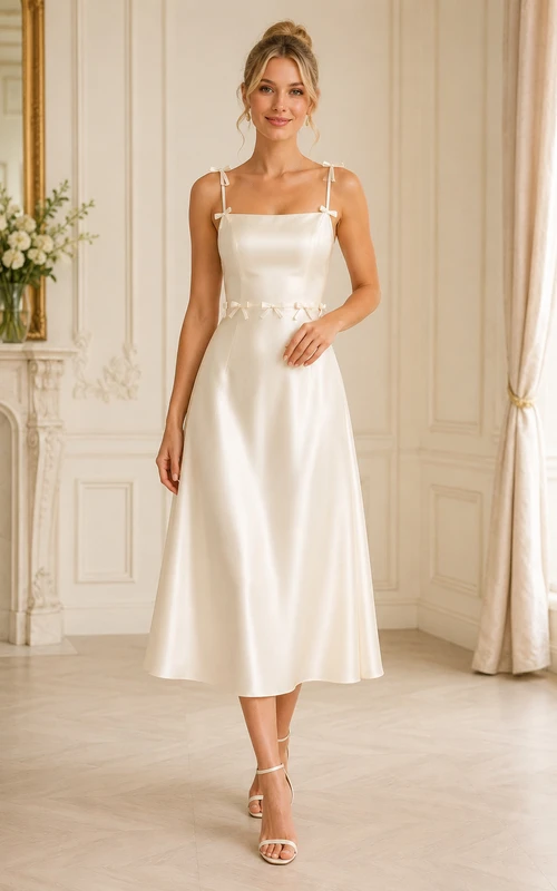 Ivory Spaghetti Strap Satin Tea-Length A-Line Dress