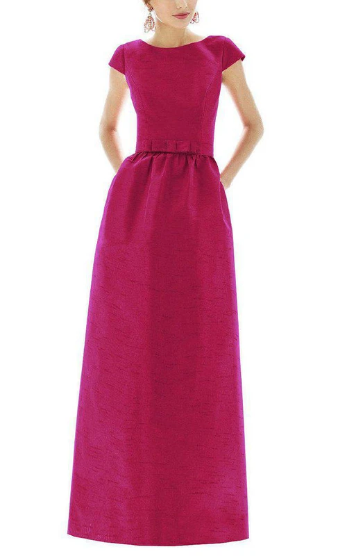 Vestido largo de dama de honor de satén modesto de manga corta con lazo.
