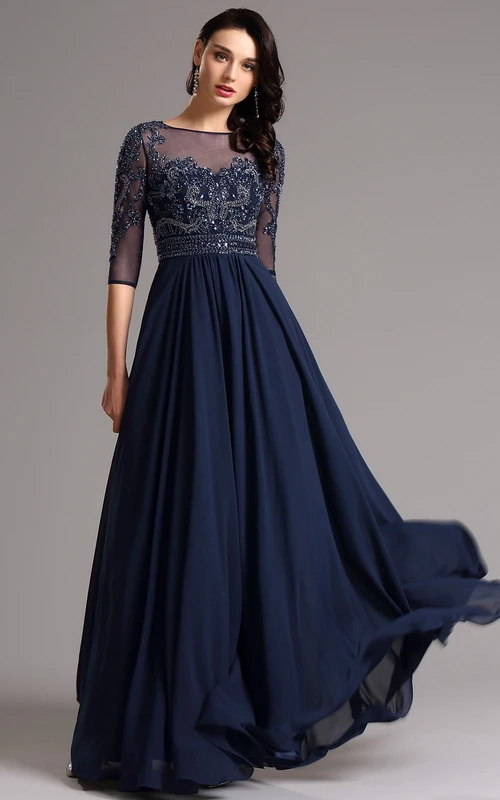 Vestido de gasa con cremallera y detalles de cuentas, estilo barco, largo hasta el suelo, estilo Imperio.
