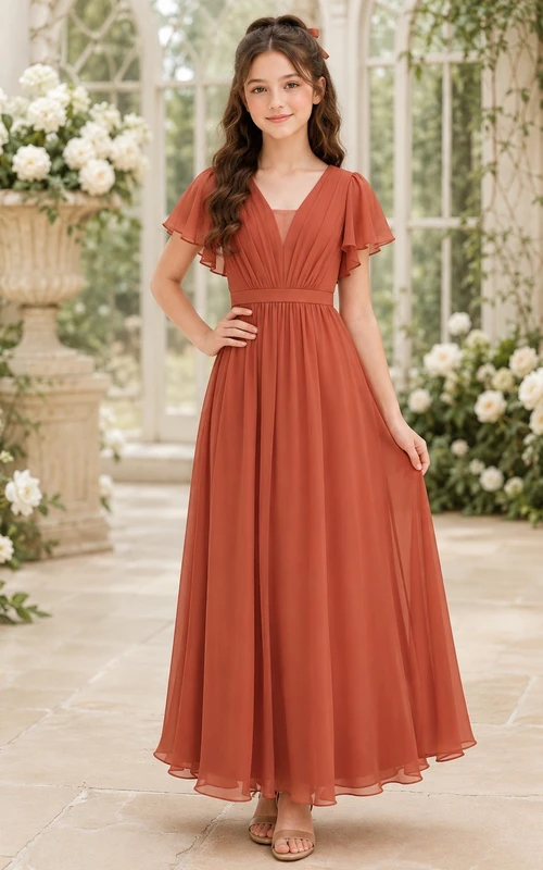 Vestido de dama de honor juvenil romántico de gasa naranja con mangas acampanadas, escote en V y corte en A, largo hasta el suelo.