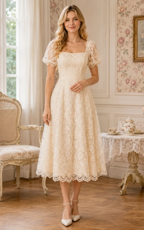 Cream Square Neck Puff Sleeve Lace Tea Room Midi Dress