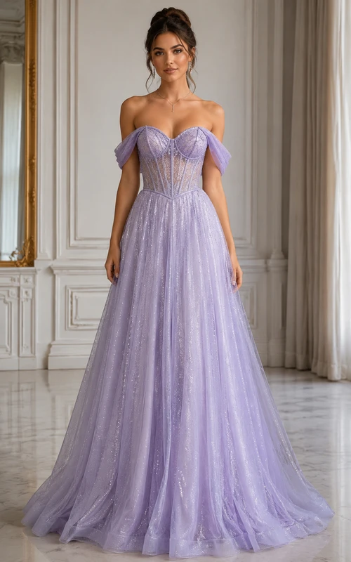 Prinzessinnen-Ballkleid, schulterfrei, kurzärmelig, Tüll, Quinceañera-Kleid mit Applikationen
