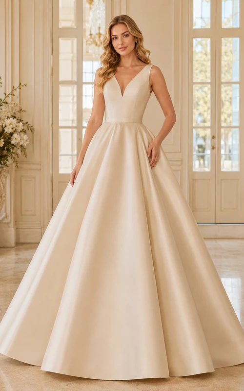 Champagne Minimalist Deep V Neck Strap Clean Mikado Quinceanera A-Line Formal Gown