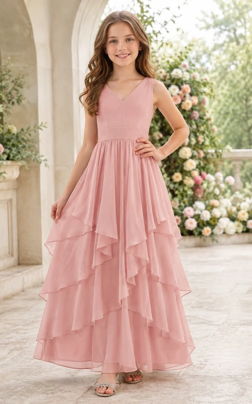 Romantisches, rosafarbenes Brautjungfernkleid in A-Linie mit Strasssteinen, ärmellos, aus Chiffon mit Stufenrock