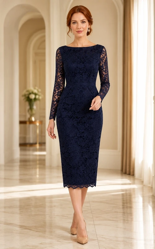 Dark Navy Lace Jewel Neck Long Sleeve Sheath Tea-Length Formal Dress