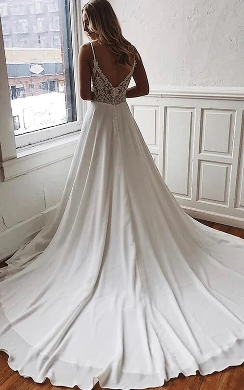 Spaghettiträgerloses, ärmelloses, sexy Empire-Chiffon-Hochzeitskleid in A-Linie mit tiefem Ausschnitt