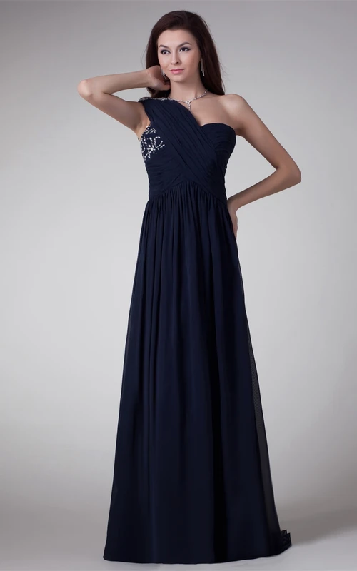 Chiffon-Kleid in A-Linie, bodenlang, mit einer Schulter und Kristallverzierungen