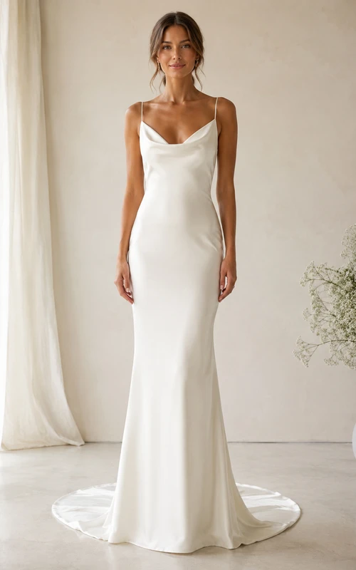 Satin-Etui-Brautkleid mit Wasserfallausschnitt, Spaghettiträgern und Schleppe