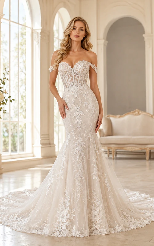 Robe de mariée sirène en dentelle noble, épaules dénudées, manches courtes, traîne chapelle, applications florales, style jardin