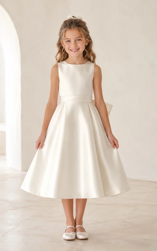 Vestido de niña de flores de satén color marfil sin mangas, corte en A, con escote joya y falda a la altura de la rodilla con detalle de lazo.