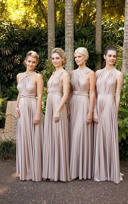 Chiffon-Brautjungfernkleider in Champagner mit Rüschen, ärmellos und wandelbar