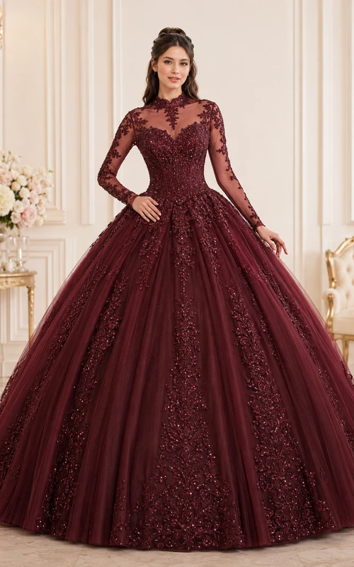 Vestido de princesa de quinceañera de encaje, color borgoña, modesto, con cuello alto y mangas largas de efecto ilusión.