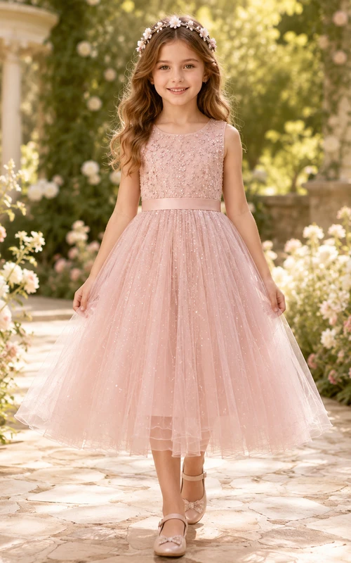 Robe de demoiselle d'honneur en dentelle rose poudré et tulle, coupe trapèze, manches courtes, col rond, longueur thé