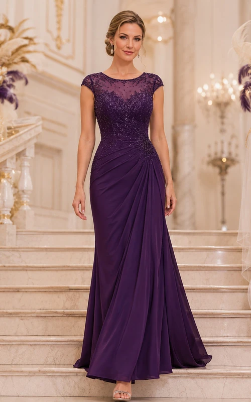 Vestido largo de noche de sirena con encaje ilusión y mangas cortas, estilo barcoau color ciruela.