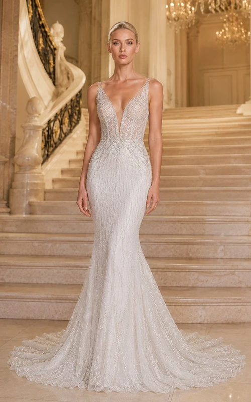 Vestido de novia de encaje color marfil con escote en V y espalda baja, estilo sirena.