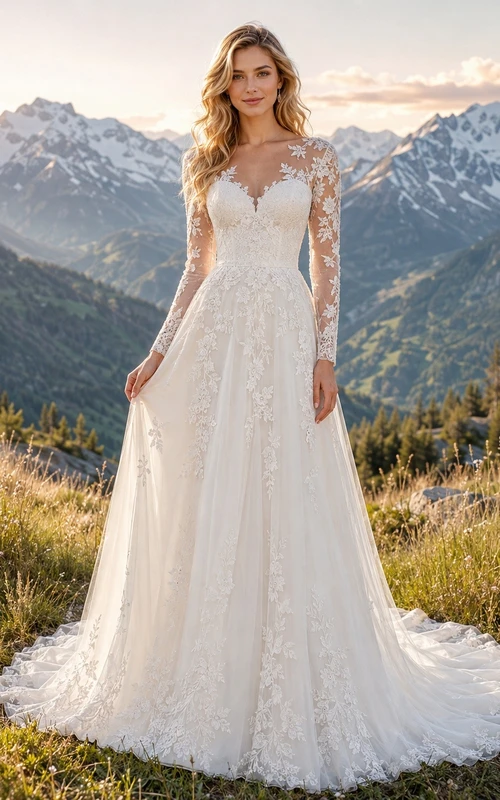 Vestido de novia formal modesto de manga larga con escote cuadrado y corte en A.