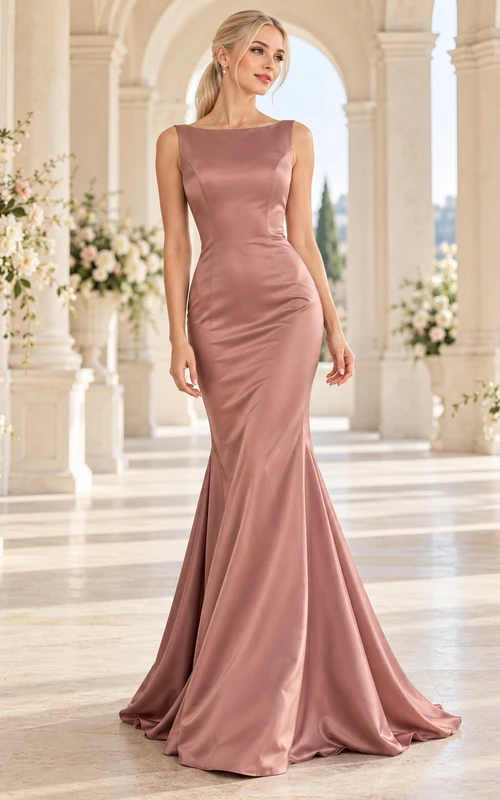 Simple Dusty Rose Boat Neck Satin Sleeveless Mermaid Evening Gown
