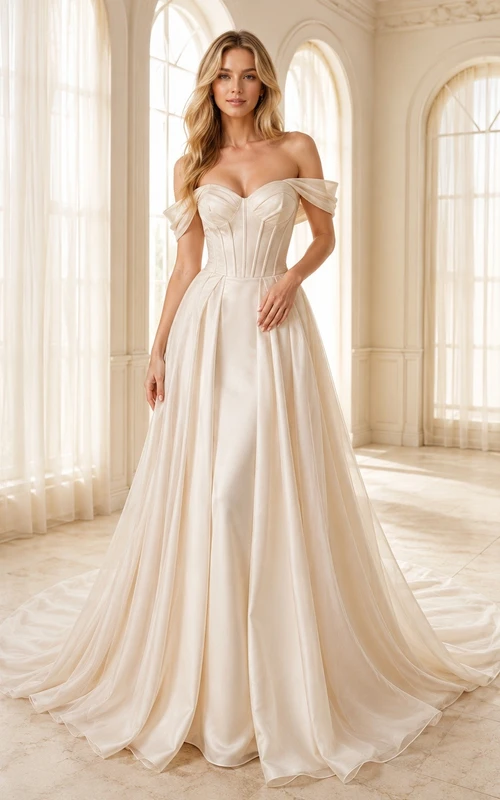 Vestido de novia formal, sencillo, romántico y elegante, con hombros descubiertos, edición C, corte A.
