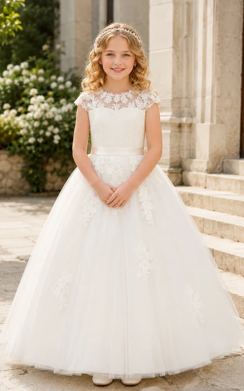 Blumenmädchenkleid, elfenbeinfarben, aus Spitze und Tüll, A-Linie, kurze Ärmel, Rundhalsausschnitt, bodenlang, mit Schärpendetails