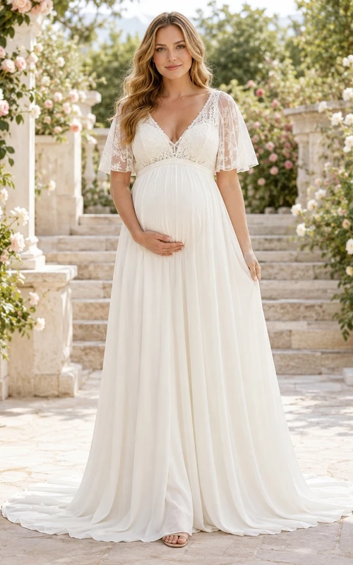 Vestido de novia de gasa con encaje y cuello en V, manga corta y corte en A para embarazadas