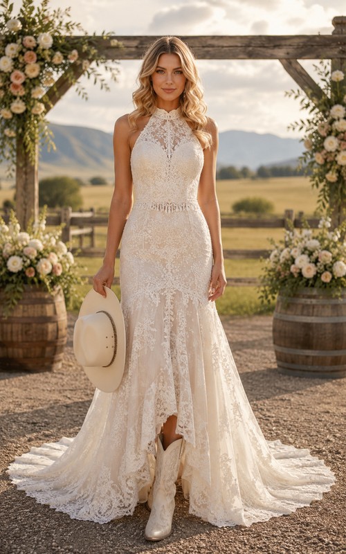 halter top beach wedding dresses V Neck Dress With Shawl 242211504 or floor length are all available Beach Wedding Dress Halter Neckline