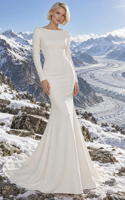 Vestido de novia sencillo y modesto, estilo sirena, con escote barco, mangas largas y cola corta.