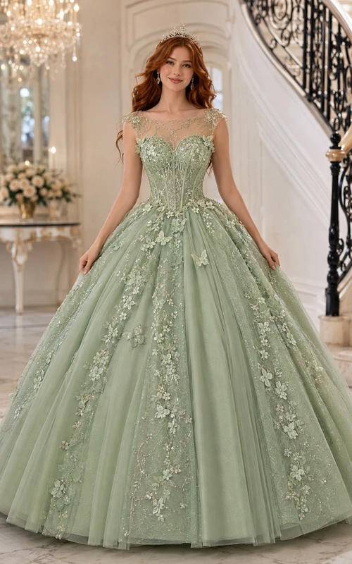 Salbeigrünes, bodenlanges Ballkleid aus Tüll mit Schmuckkragen, kurzen Ärmeln und Blumenmuster für eine Quinceañera