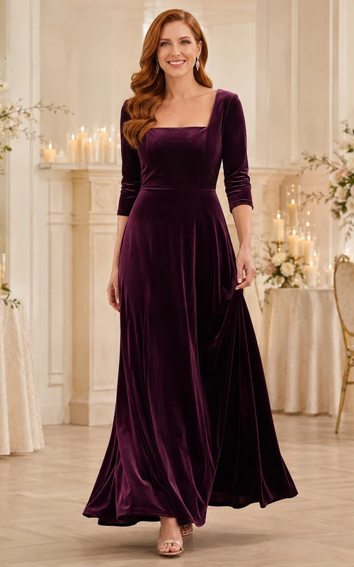 Robe de soirée trapèze en velours prune à manches trois-quarts
