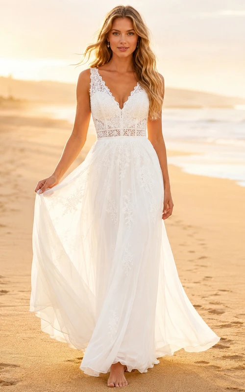 Beach V-Neck Lace Bodice Chiffon A-Line Wedding Dress