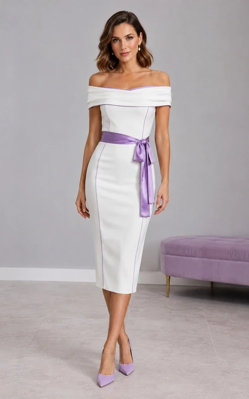 White Lavender Sash Off-the-shoulder Sheath Knee-length Formal Cocktail Dress