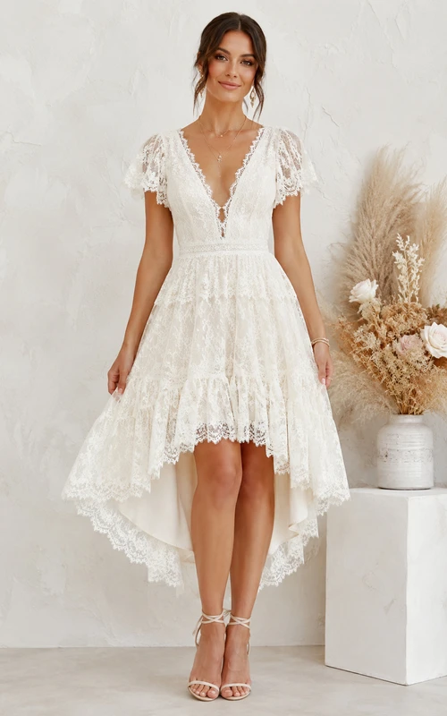 Boho Summer Princess A-Line Wedding Dress Short Sleeve V-Neck Tulle Lace Ruffle High-Low White