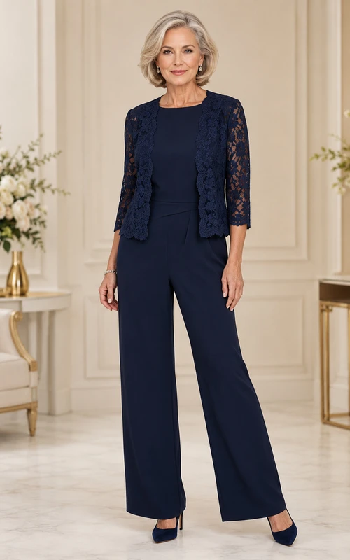 Dunkelblauer Spitzen-Jumpsuit von Mother mit passendem Spitzenjacken-Set mit Rundhalsausschnitt und gerader Hose
