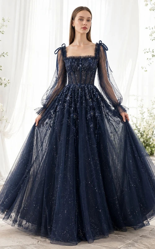 Vestido de fiesta azul marino con cuello cuadrado y mangas largas, de tul brillante y lazo en el hombro.