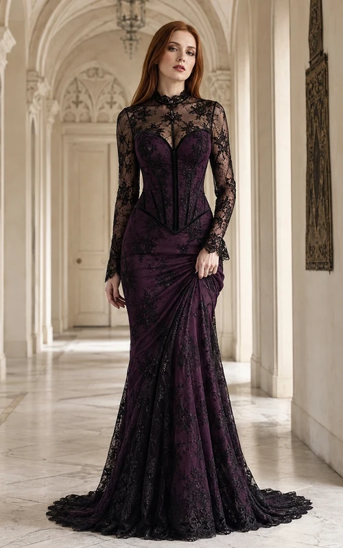Robe sirène bordeaux et noire en dentelle, col montant, manches longues et traîne.